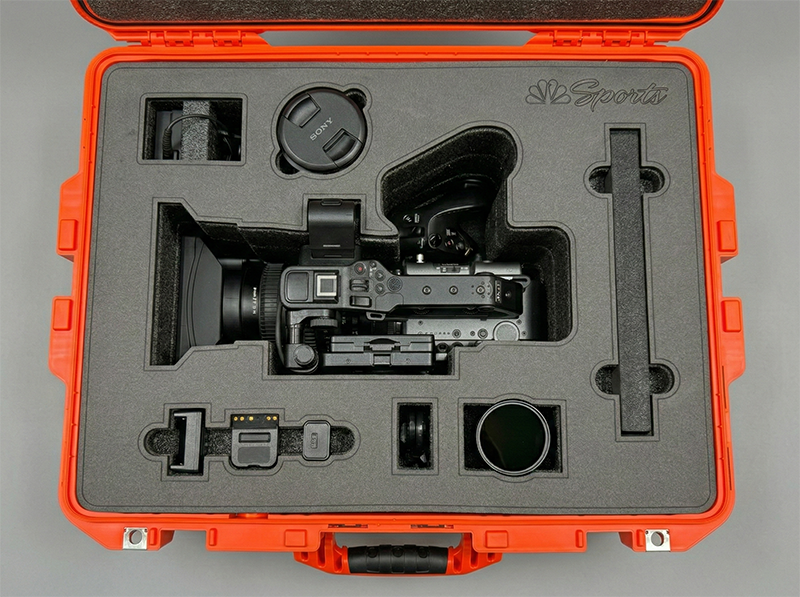 Custom foam insert for Sony camera equipment in orange Pelican case